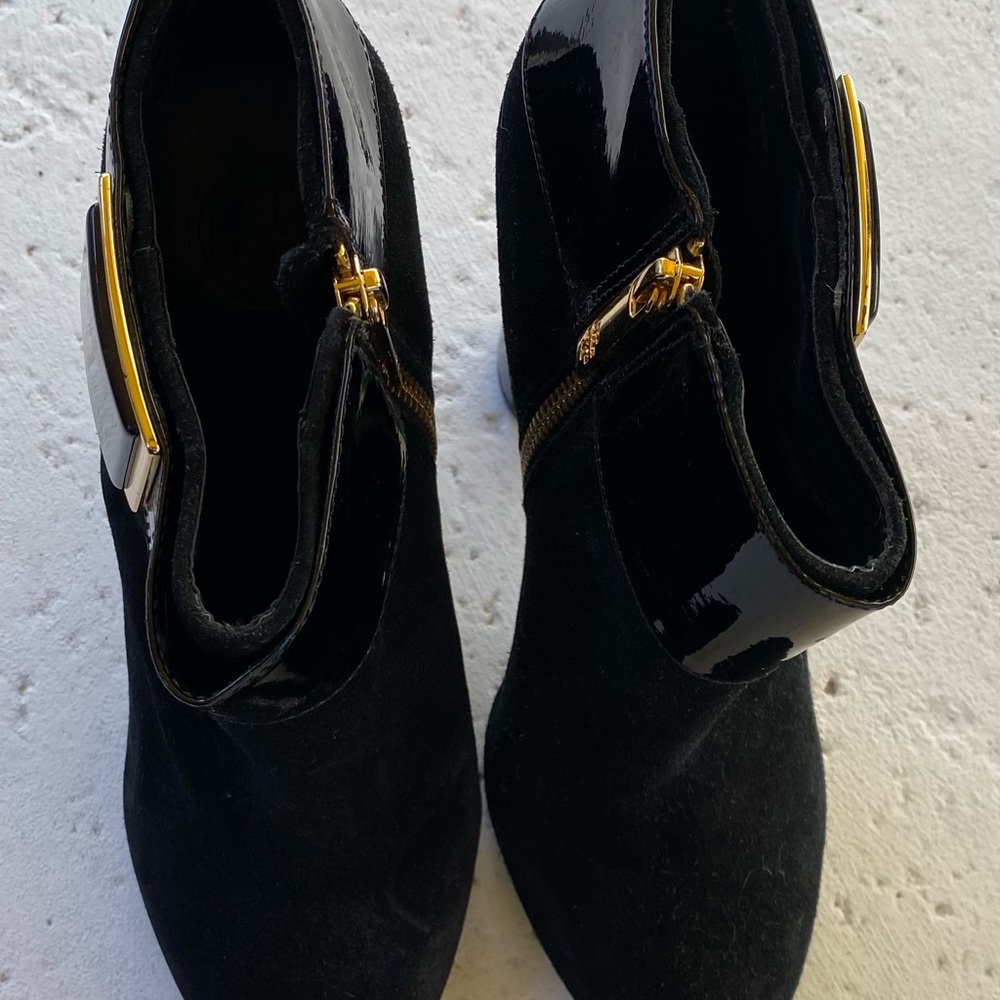 TORY BURCH Black Suede and Patent Leather Buckle Booties EUC - Picture 5 of 13